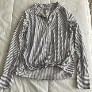 H&M • White & Navy Striped Button Down Tie-Knot Blouse US 2